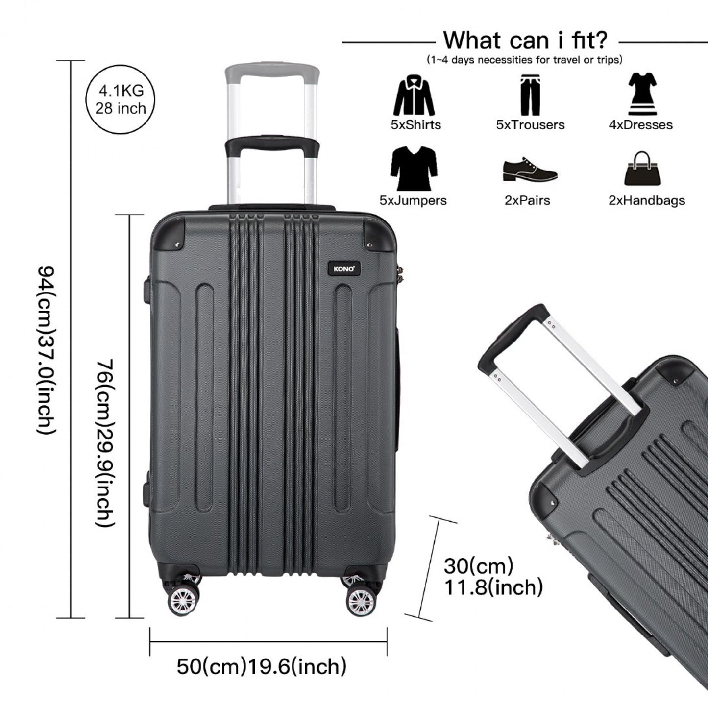 Kono K1777-1L Large Luggage in Grey (76x50x30cm) - ABS Lightweight Compact Hard Shell Suitcase
