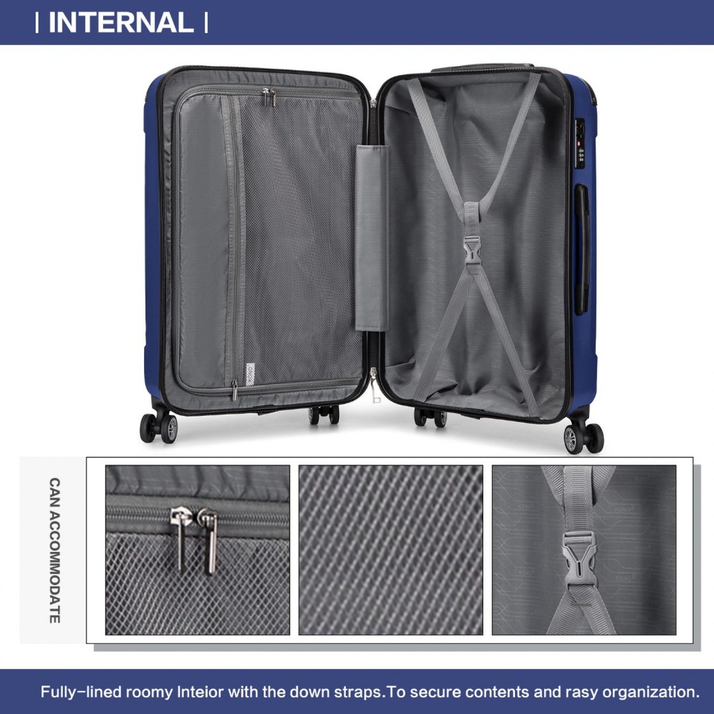 Kono K1777-1L Large Luggage in Navy (76x50x30cm) - ABS Lightweight Compact Hard Shell Suitcase