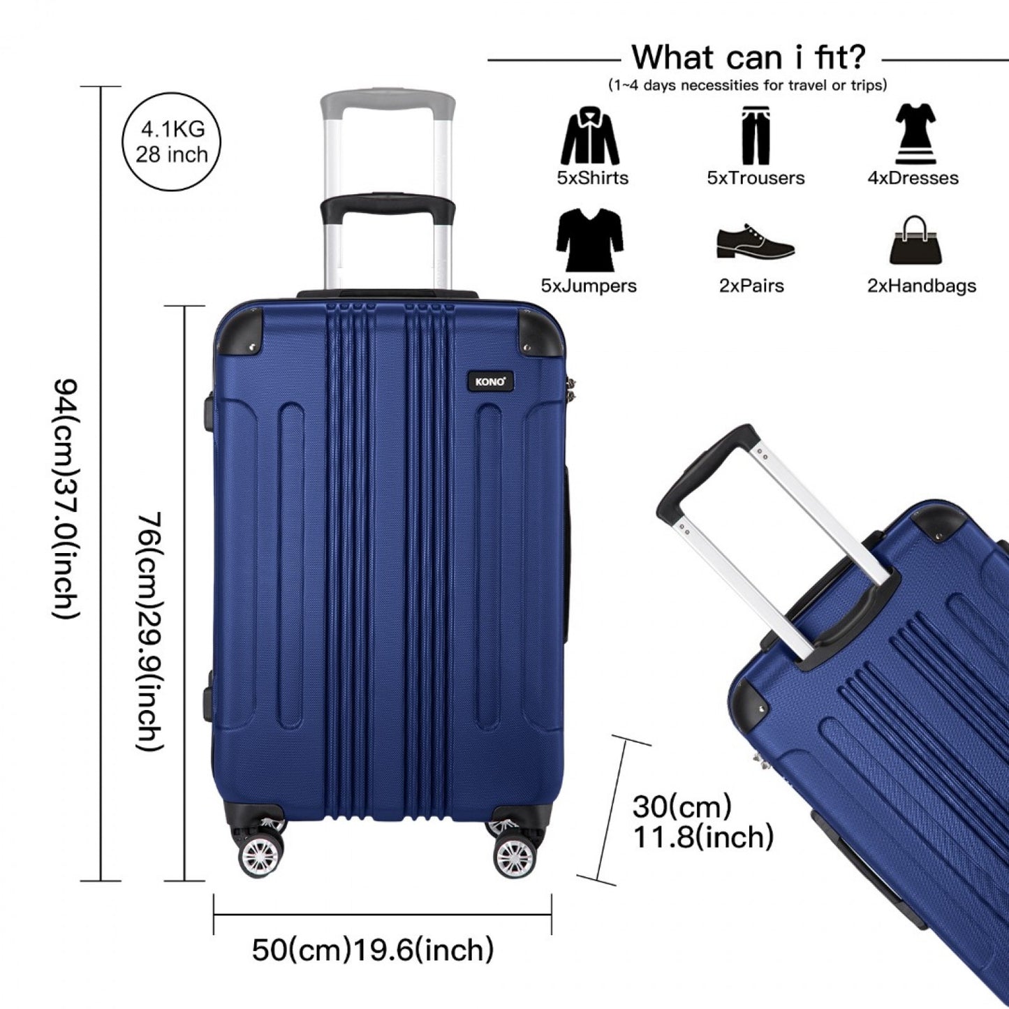 Kono K1777-1L Large Luggage in Navy (76x50x30cm) - ABS Lightweight Compact Hard Shell Suitcase