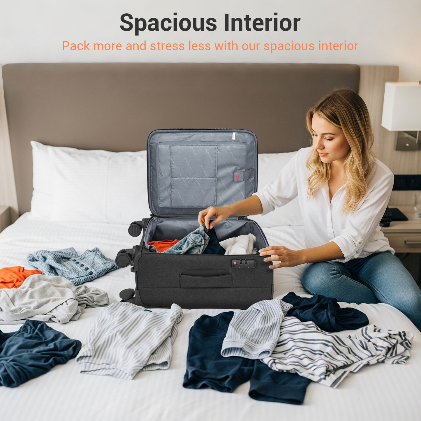 British Traveller KSB2597 Cabin Luggage in Black (57.5x37.5x25.5 cm) - Soft Shell Suitcase with Silent TPE Spinners, TSA Lock and Laptop Compartment