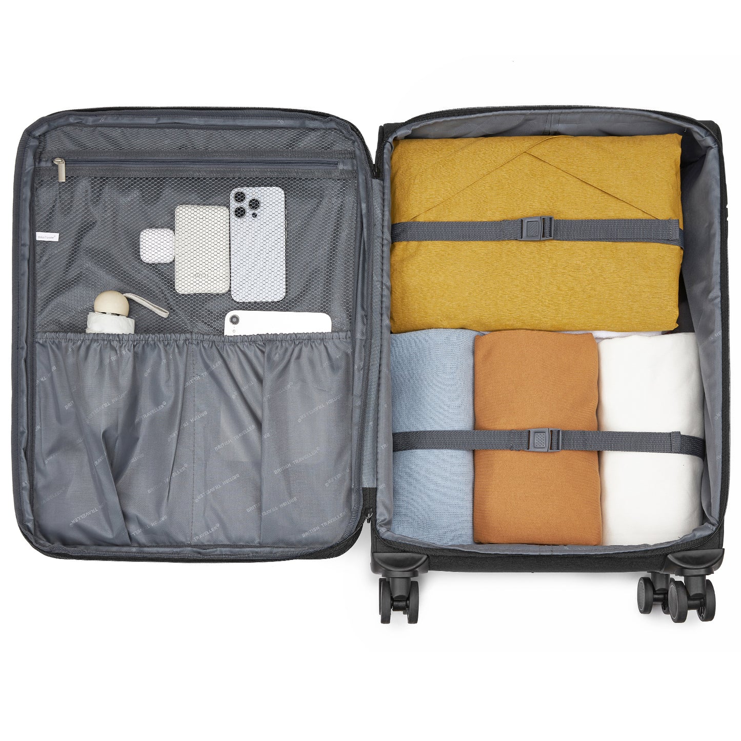 British Traveller KSB2597 Mid-Size Luggage in Black (68.5x44x28.5cm) - Lightweight & Tough Soft-Shell Suitcase with TSA Lock and Expandable Capacity