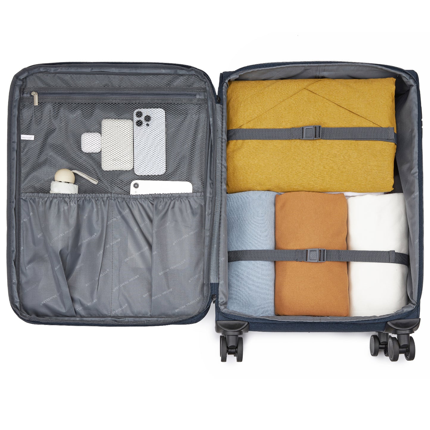British Traveller KSB2597 Mid-Size Luggage in Navy (68.5x44x28.5 cm) - Lightweight & Tough Soft-Shell Suitcase with TSA Lock and Expandable Capacity