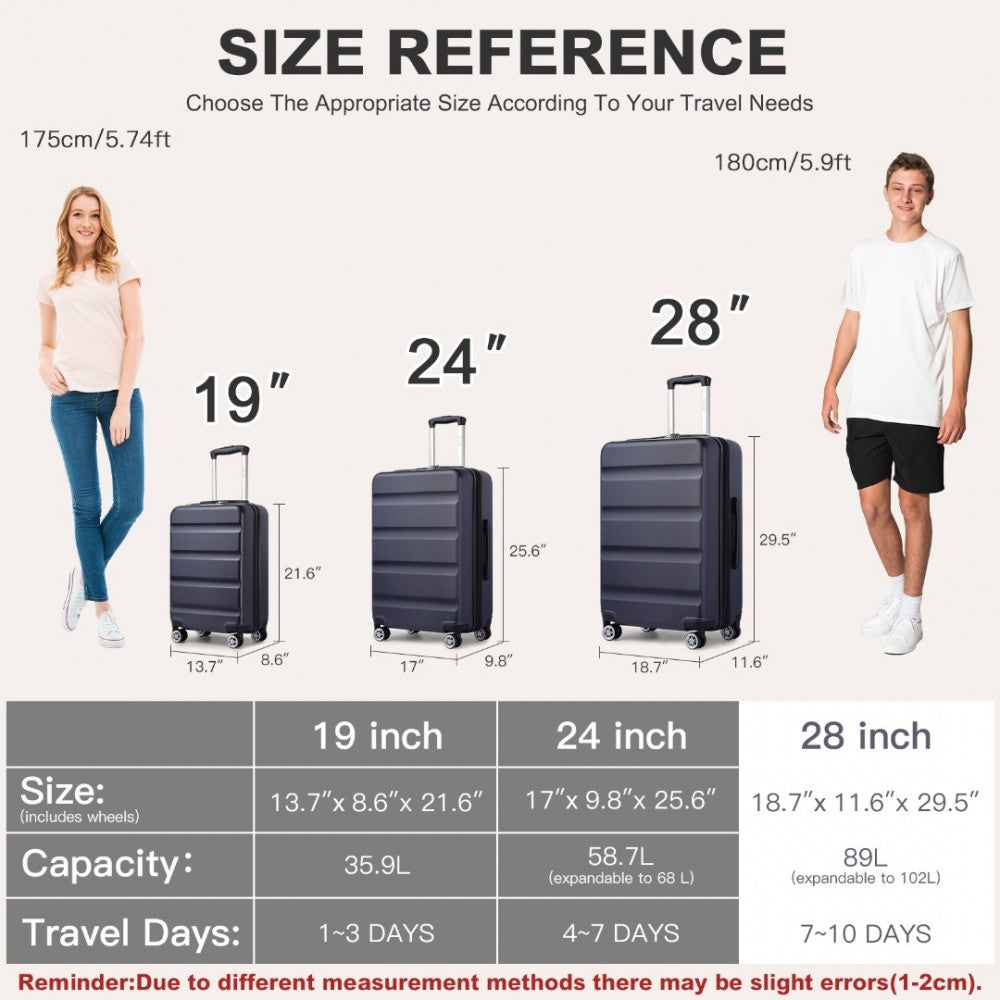 Kono KSK2482 Large Luggage in Navy (75x47.5x29.5cm) - Expandable Horizontal Engraved Hard Shell ABS+PC Check-In Suitcase with TSA Lock