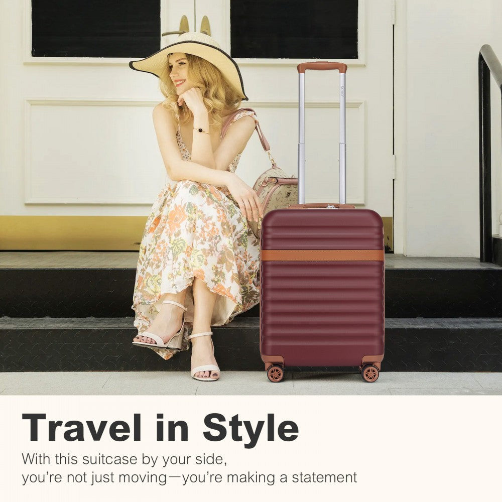 Kono KSK2484 Cabin Luggage in Burgundy and Tan (55x39x20cm) - Expandable Lightweight Hard Shell Suitcase with TSA Lock