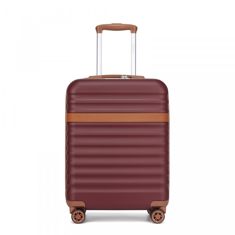 Kono KSK2484 Cabin Luggage in Burgundy and Tan (55x39x20cm) - Expandable Lightweight Hard Shell Suitcase with TSA Lock