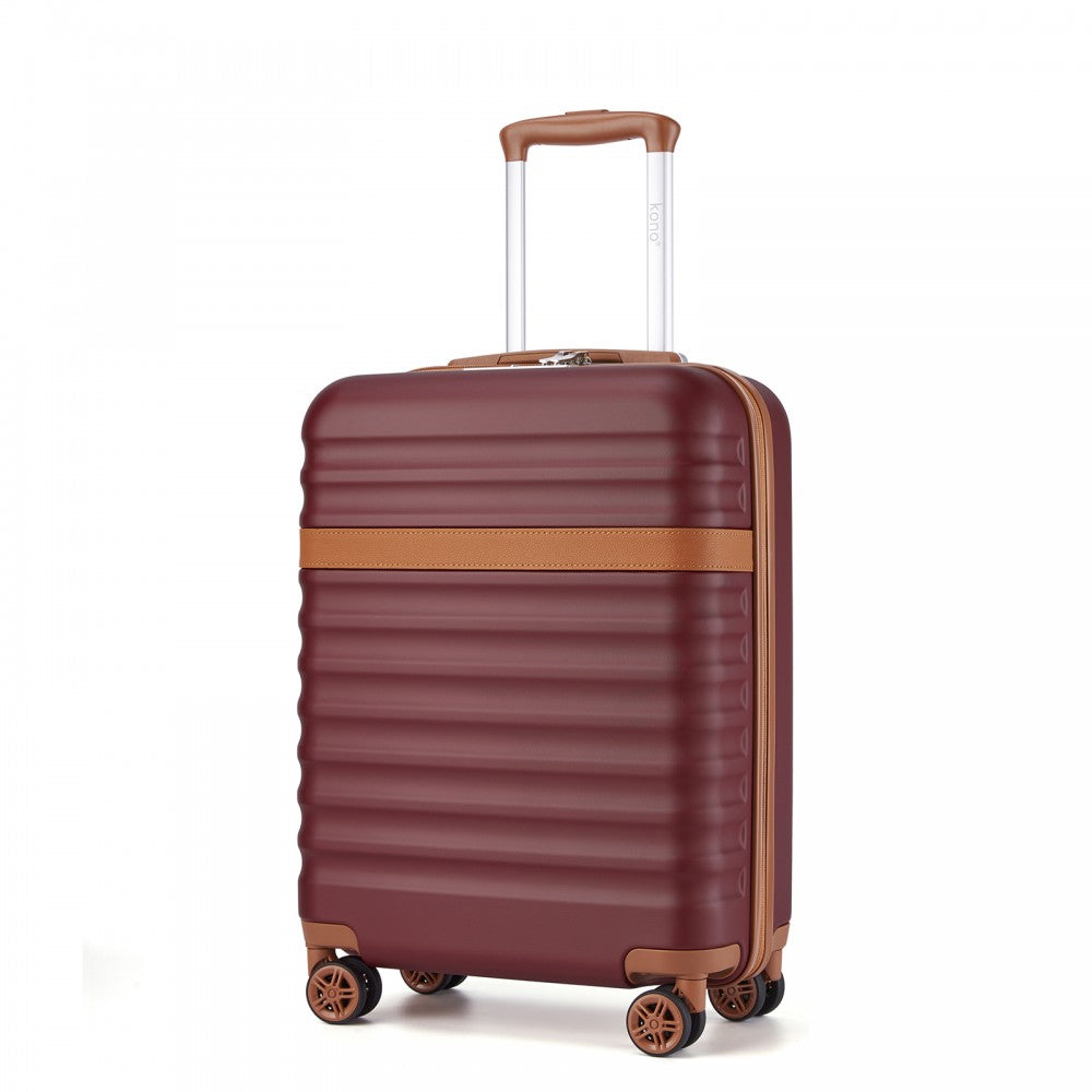 Kono KSK2484 Cabin Luggage in Burgundy and Tan (55x39x20cm) - Expandable Lightweight Hard Shell Suitcase with TSA Lock