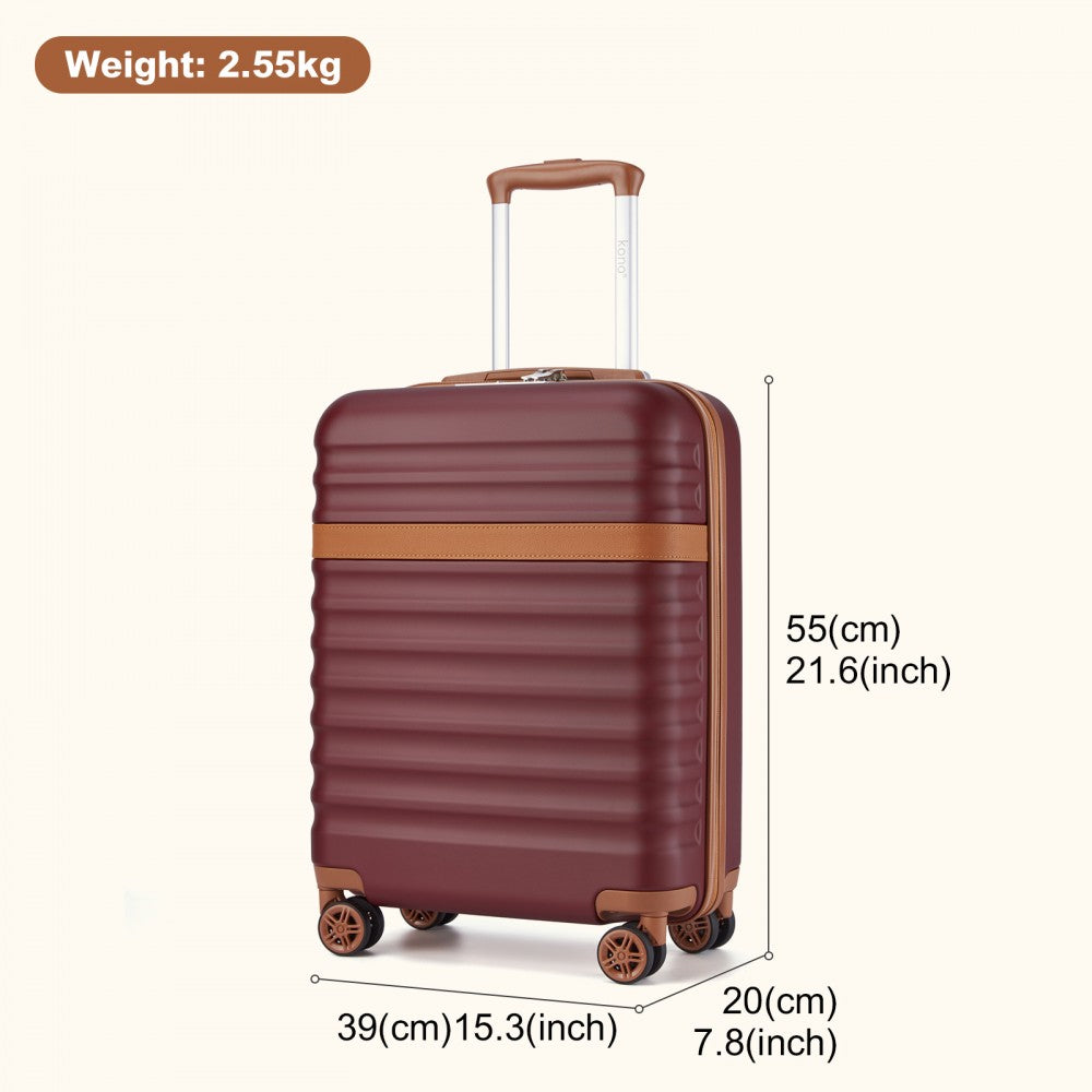 Kono KSK2484 Cabin Luggage in Burgundy and Tan (55x39x20cm) - Expandable Lightweight Hard Shell Suitcase with TSA Lock