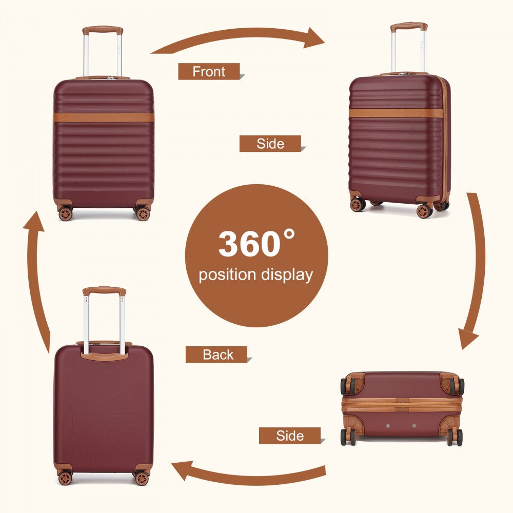 Kono KSK2484 Cabin Luggage in Burgundy and Tan (55x39x20cm) - Expandable Lightweight Hard Shell Suitcase with TSA Lock
