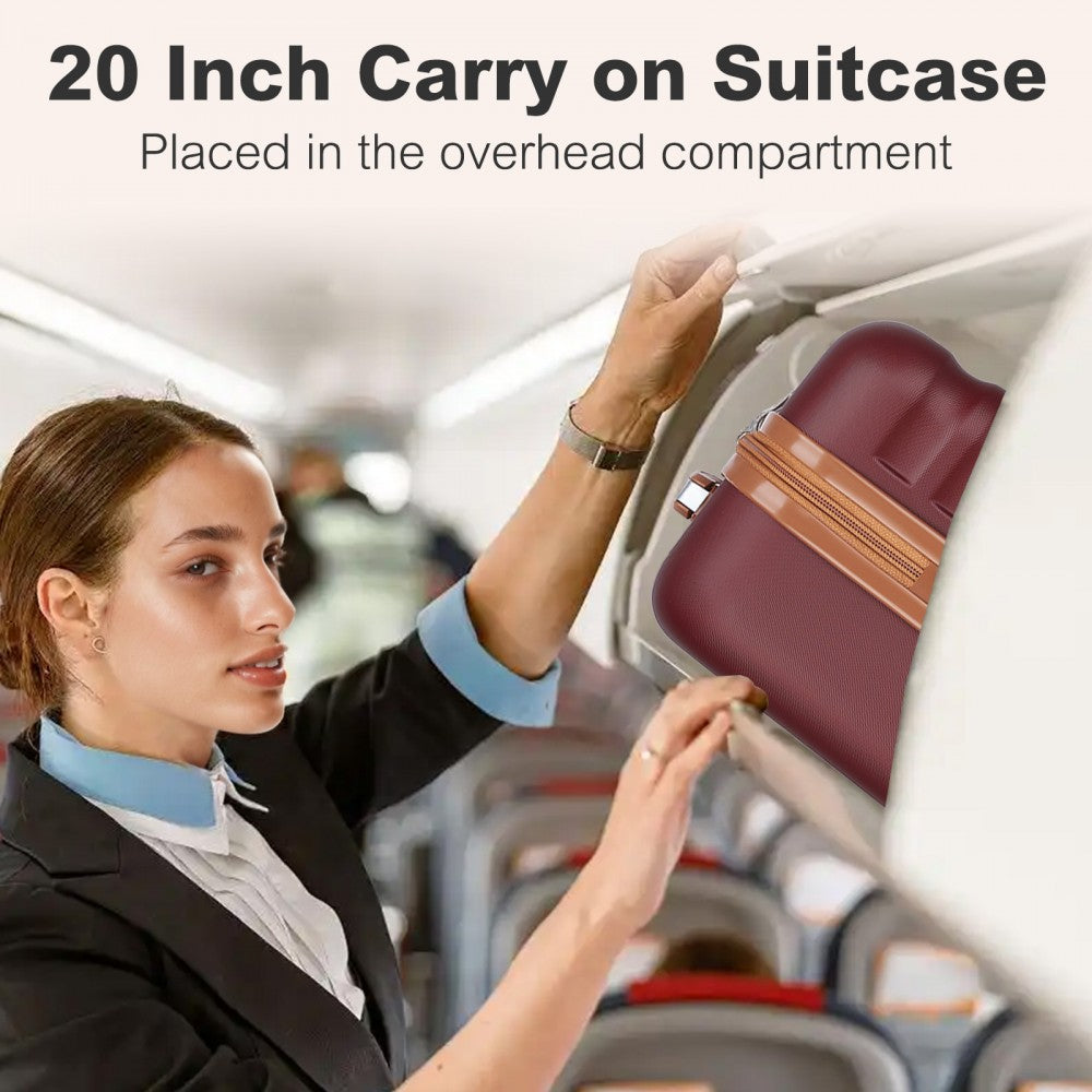 Kono KSK2484 Cabin Luggage in Burgundy and Tan (55x39x20cm) - Expandable Lightweight Hard Shell Suitcase with TSA Lock