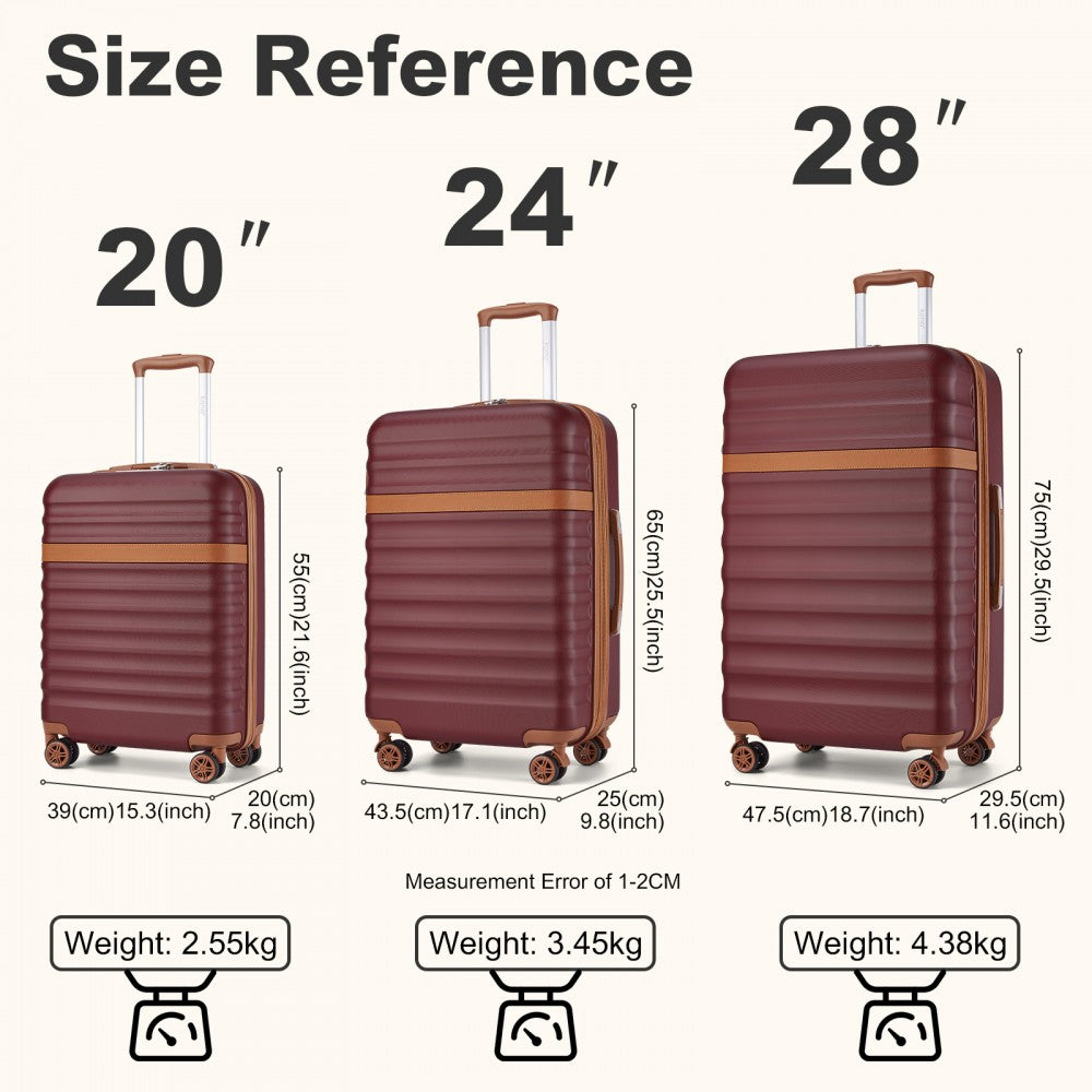 Kono KSK2484 3-Piece Luggage Set in Burgundy and Tan - Expandable Lightweight Hard Shell Suitcase with TSA Lock