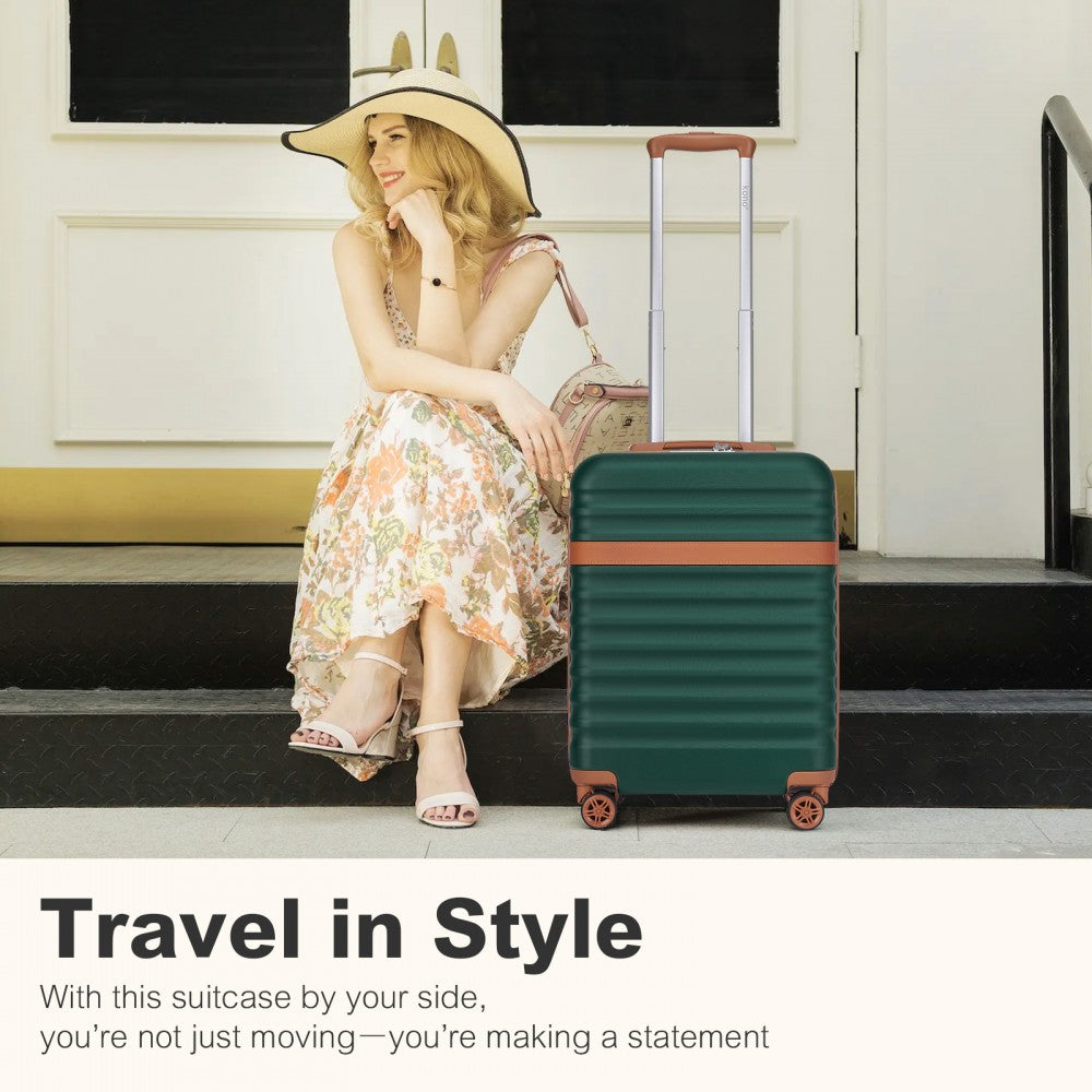 Kono KSK2484 Cabin Luggage in Green and Tan (55x39x20cm) - Expandable Lightweight Hard Shell Suitcase with TSA Lock
