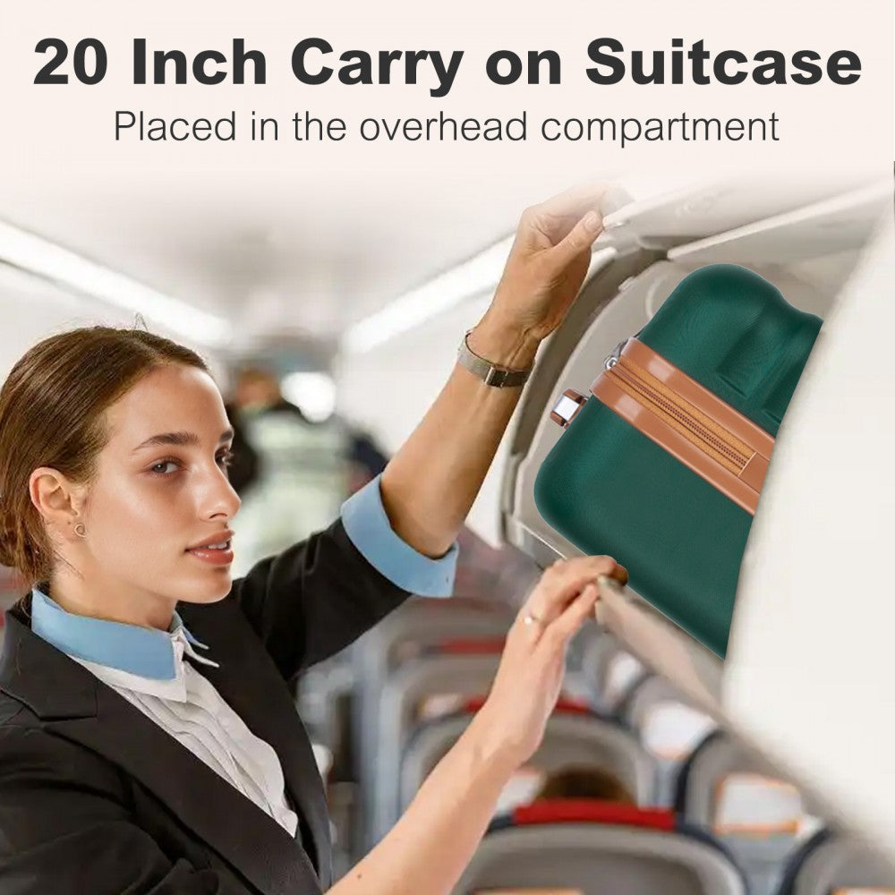 Kono KSK2484 Cabin Luggage in Green and Tan (55x39x20cm) - Expandable Lightweight Hard Shell Suitcase with TSA Lock