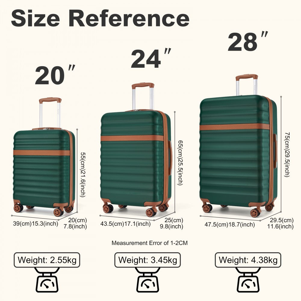 Kono KSK2484 3-Piece Luggage Set in Green and Tan - Expandable Lightweight Hard Shell Suitcase with TSA Lock