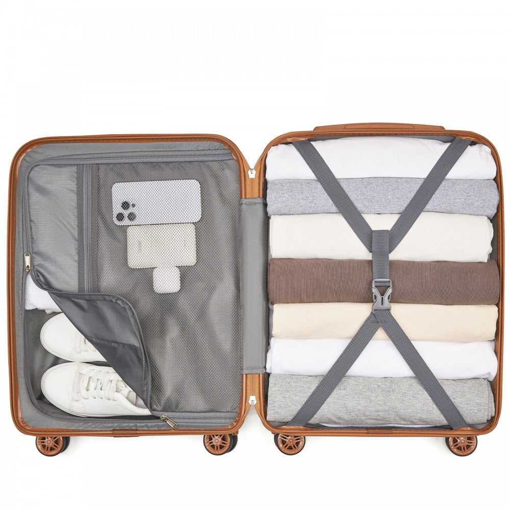 Kono KSK2484 Cabin Luggage in Navy and Tan (55x39x20cm) - Expandable Lightweight Hard Shell Suitcase with TSA Lock