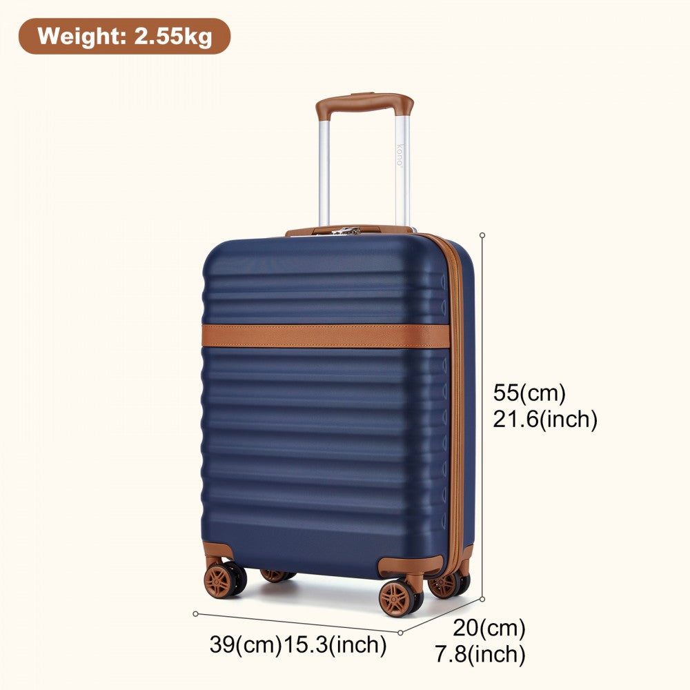 Kono KSK2484 Cabin Luggage in Navy and Tan (55x39x20cm) - Expandable Lightweight Hard Shell Suitcase with TSA Lock