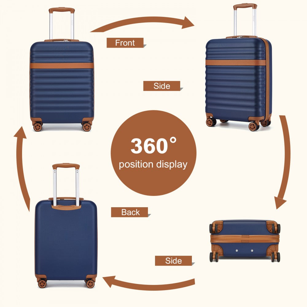 Kono KSK2484 Cabin Luggage in Navy and Tan (55x39x20cm) - Expandable Lightweight Hard Shell Suitcase with TSA Lock
