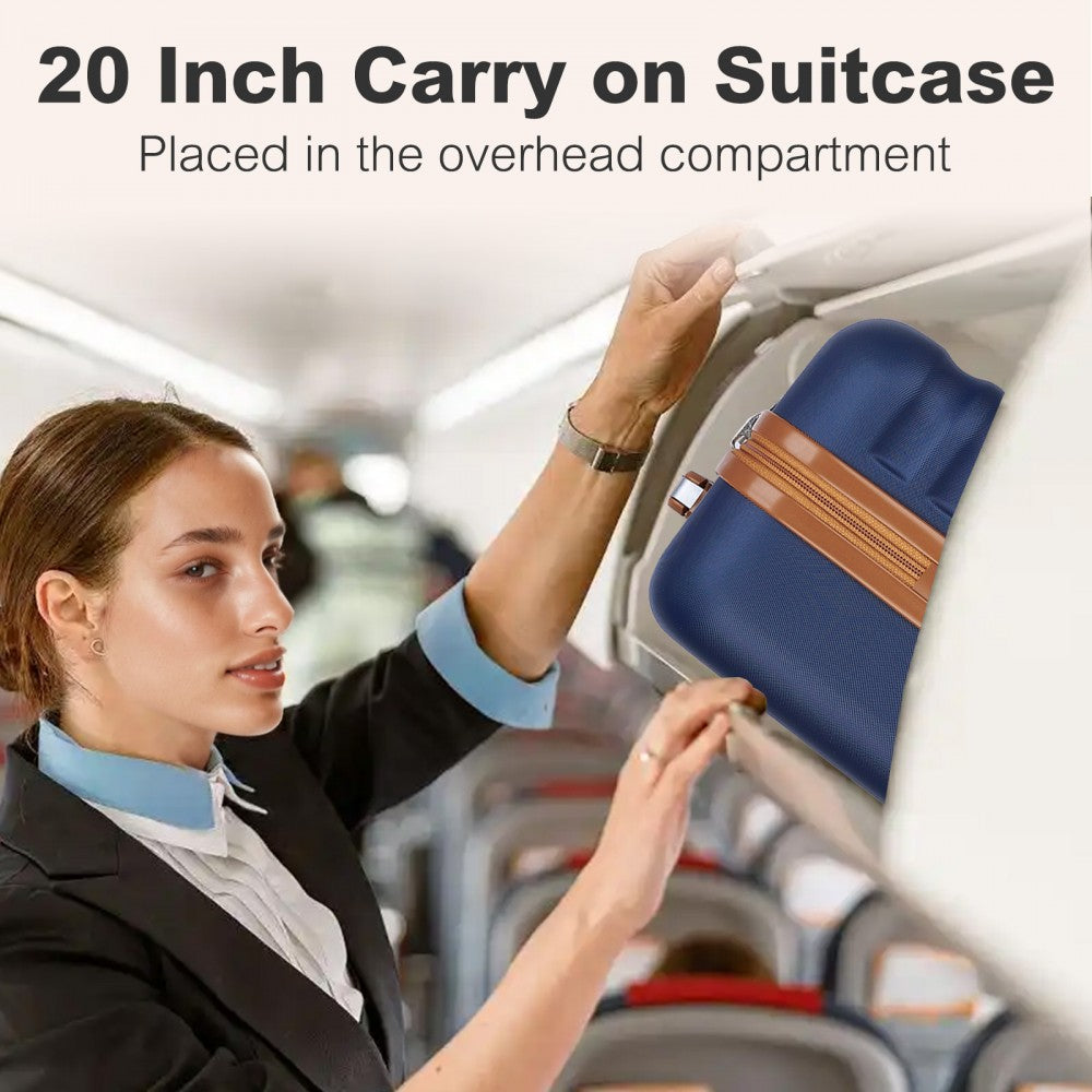 Kono KSK2484 Cabin Luggage in Navy and Tan (55x39x20cm) - Expandable Lightweight Hard Shell Suitcase with TSA Lock