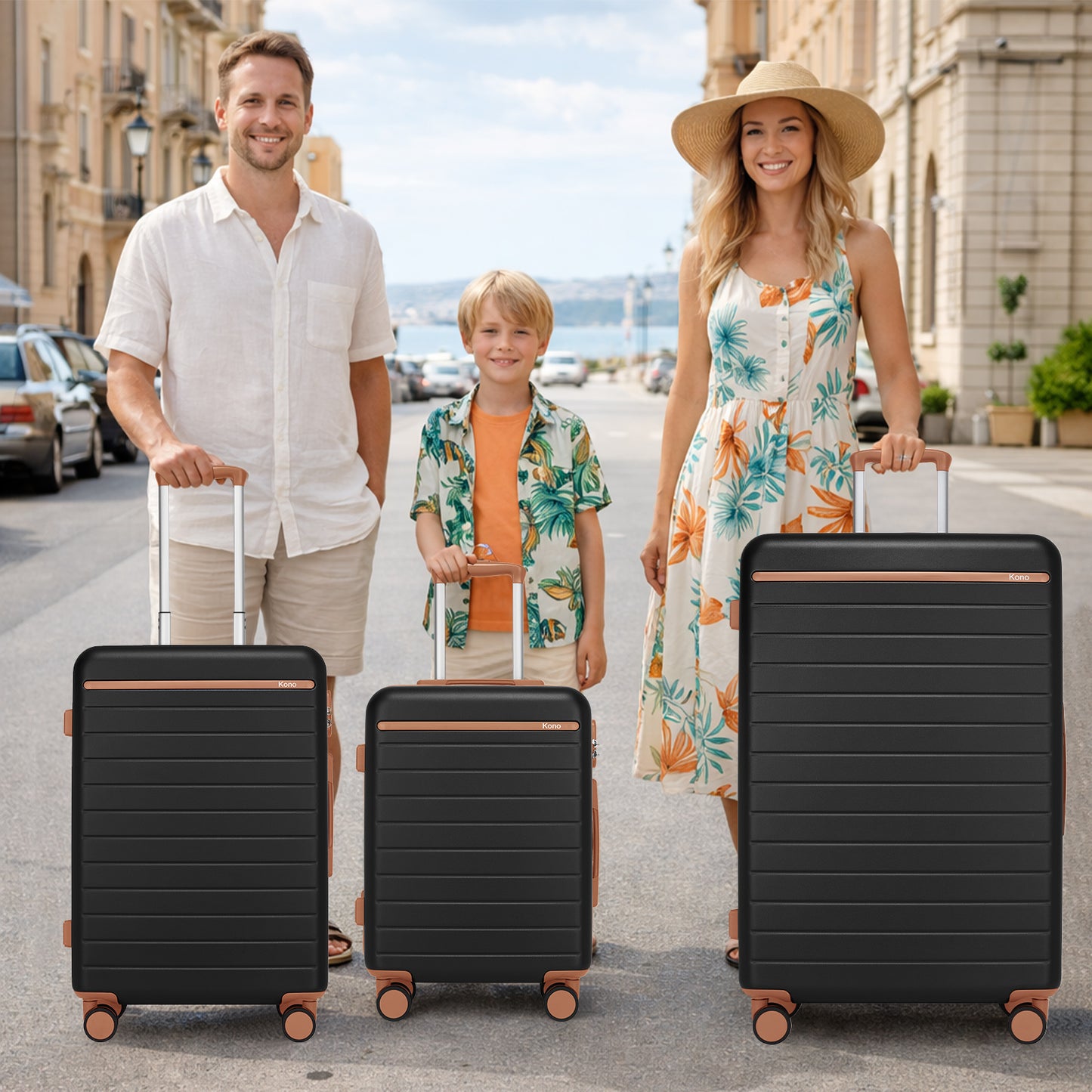 Kono KSK2584 3-Piece Luggage Set in Black and Tan - Scratch-Resistant Hard Shell Set with Horizontal Stripe Design & Spinner Wheels