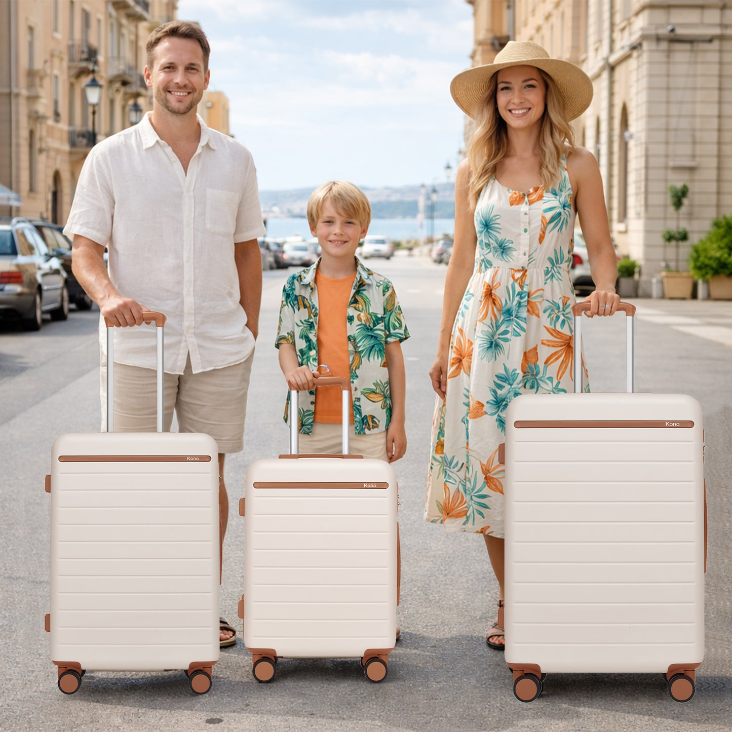 Kono KSK2584 3-Piece Luggage Set in Cream and Tan - Scratch-Resistant Hard Shell Set with Horizontal Stripe Design & Spinner Wheels