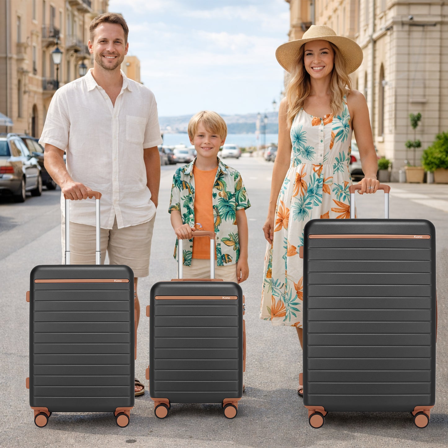 Kono KSK2584 3-Piece Luggage Set in Grey and Tan - Scratch-Resistant Hard Shell Set with Horizontal Stripe Design & Spinner Wheels