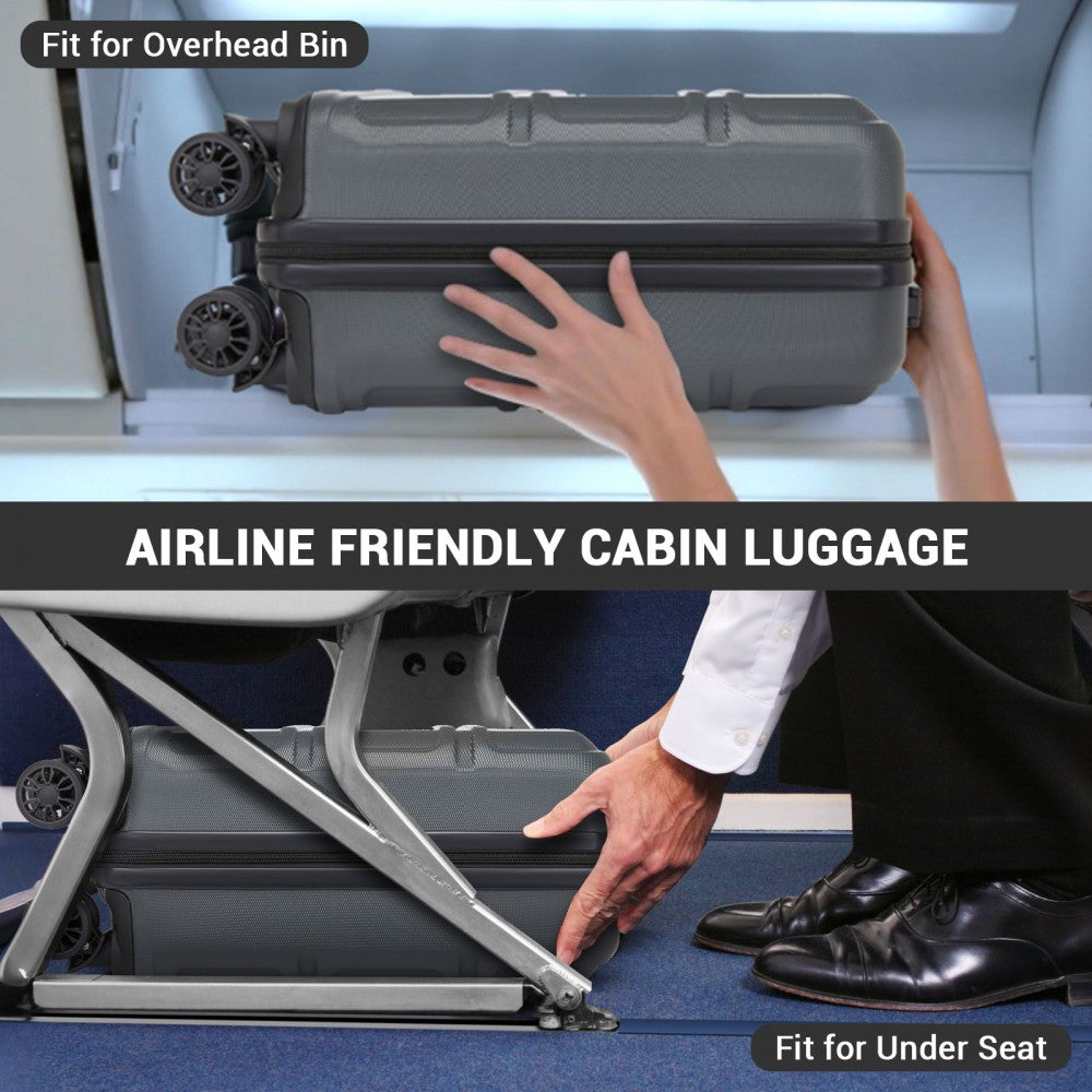 Kono KSK2596 Cabin Luggage in Grey (45x36x20cm) - ABS Hard Shell Cabin Suitcase with Spinner Wheels