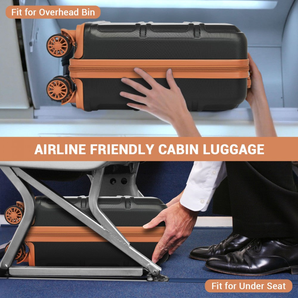 Kono KSK2596 Cabin Luggage in Black and Tan (45x36x20cm) - ABS Hard Shell Cabin Suitcase with Spinner Wheels
