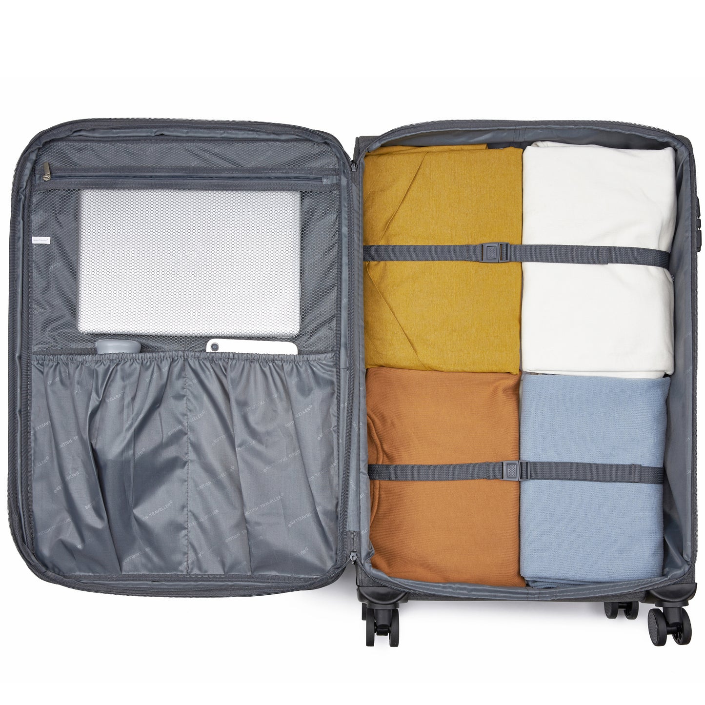 British Traveller KSB2597 3-Piece Luggage Set in Grey - Tough Soft-Shell Suitcase with Silent TPE Spinners, TSA Security and Expandable Checked Sizes