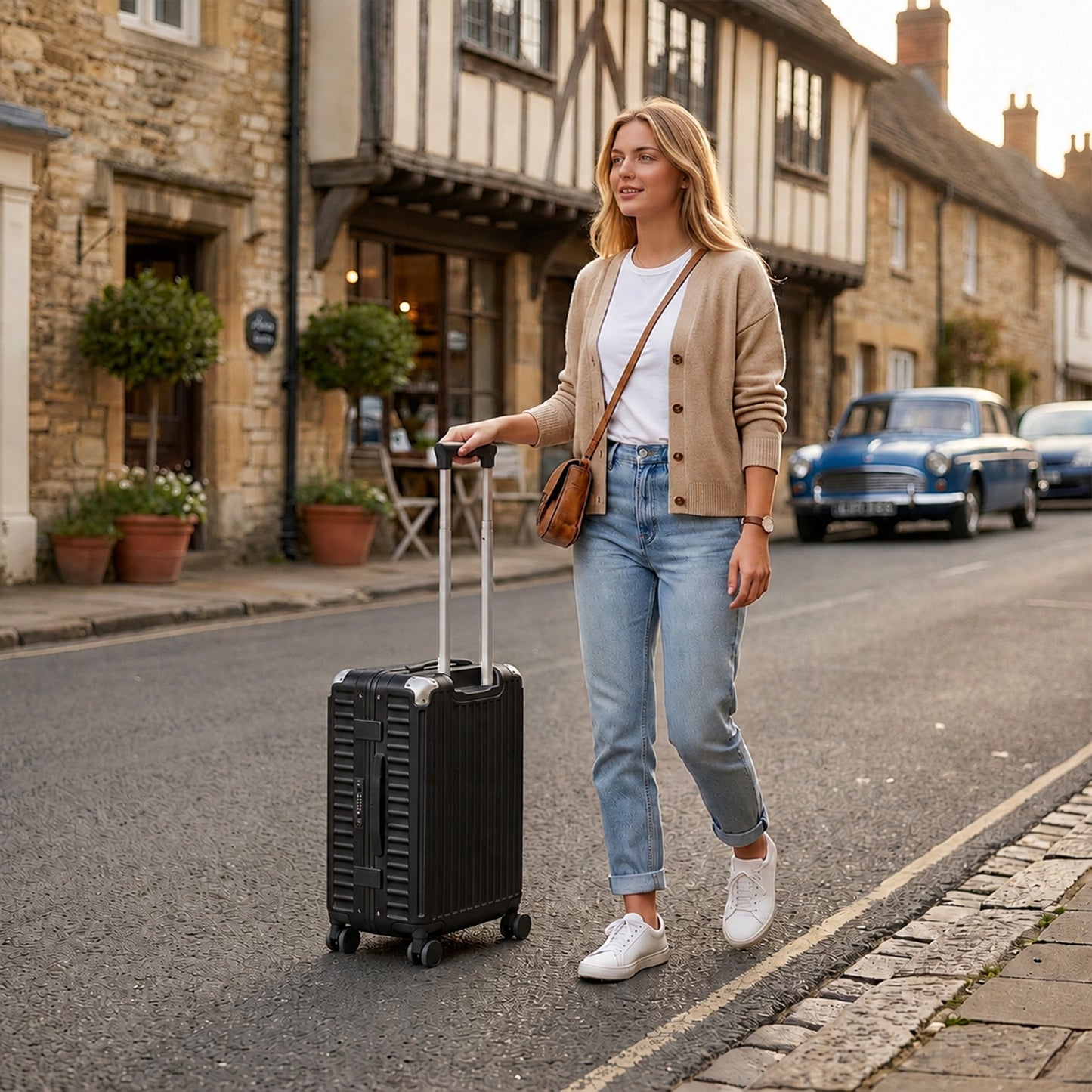 Kono KSK2693 Cabin Luggage in Black - Zipperless Hardshell Carry-On with Aluminium Frame, Smart Lock Travel, Phone Holder & Cup Holder