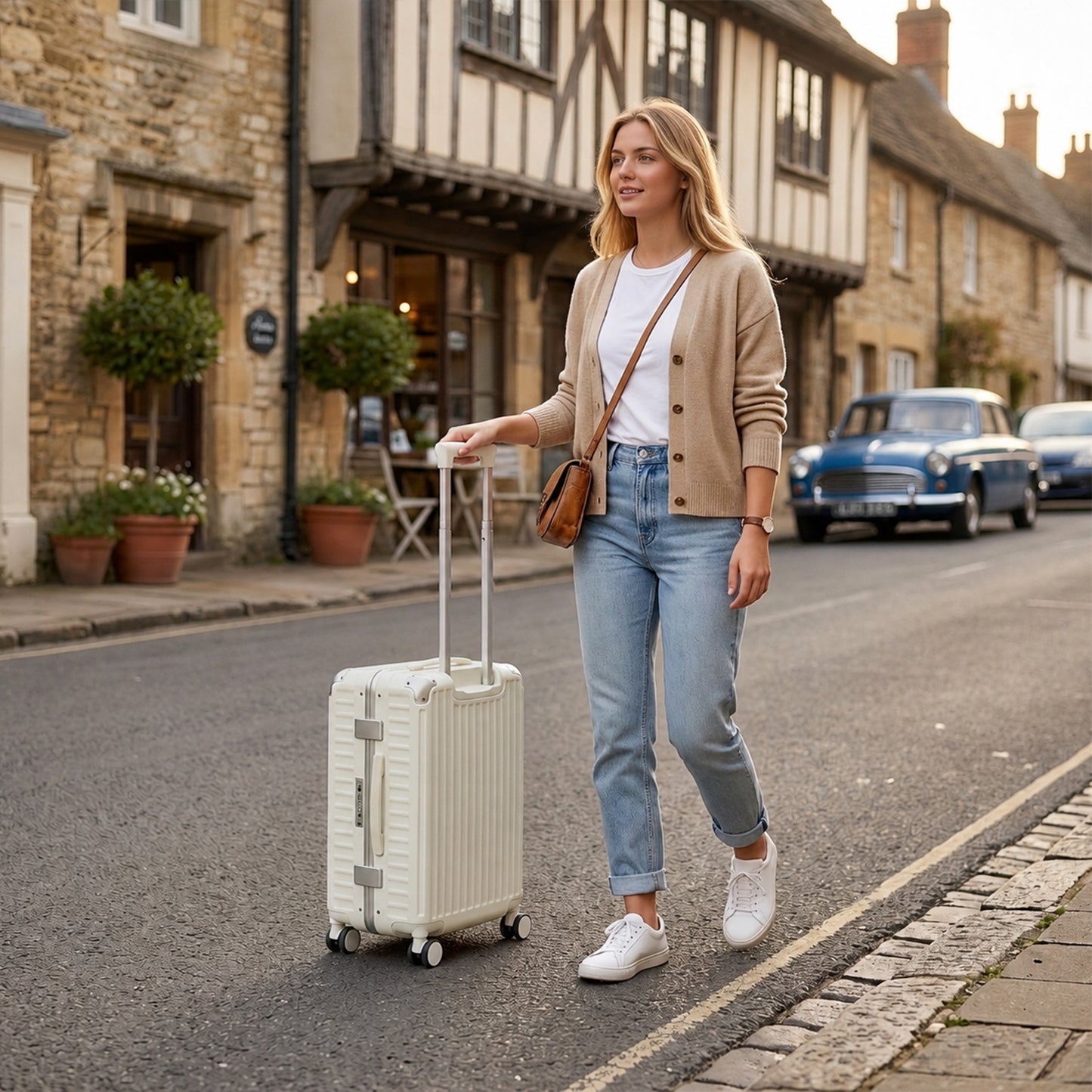 Kono KSK2693 Cabin Luggage in White - Zipperless Hardshell Carry-On with Aluminium Frame, Smart Lock Travel, Phone Holder & Cup Holder