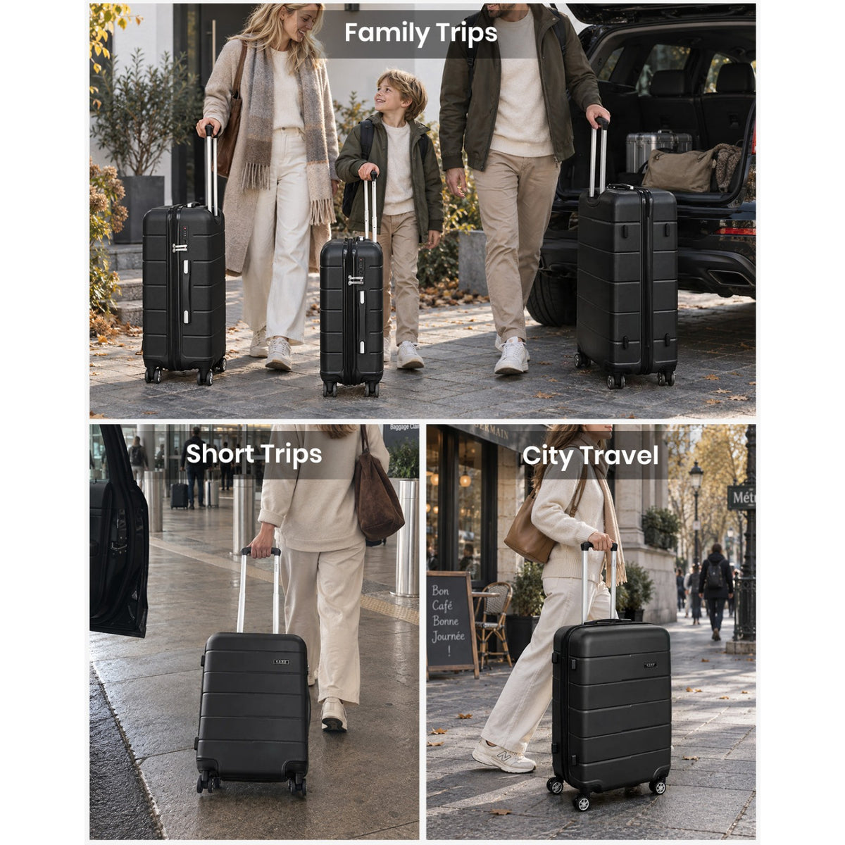 Kono KSK2694 Large Luggage in Black (76x50x29 cm) - Hard Shell Checked-In Suitcase with Silent Wheels & Organised Interior