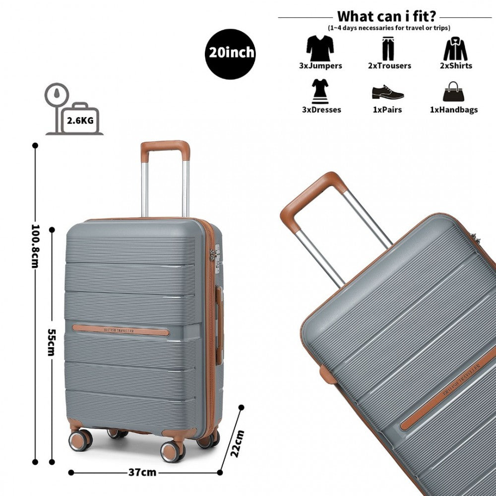 British Traveller K2392L Cabin Luggage in Grey and Tan (55x37x22 cm) - Multi-Texture PP Hard Shell Suitcase with TSA Lock - Luggage eStore