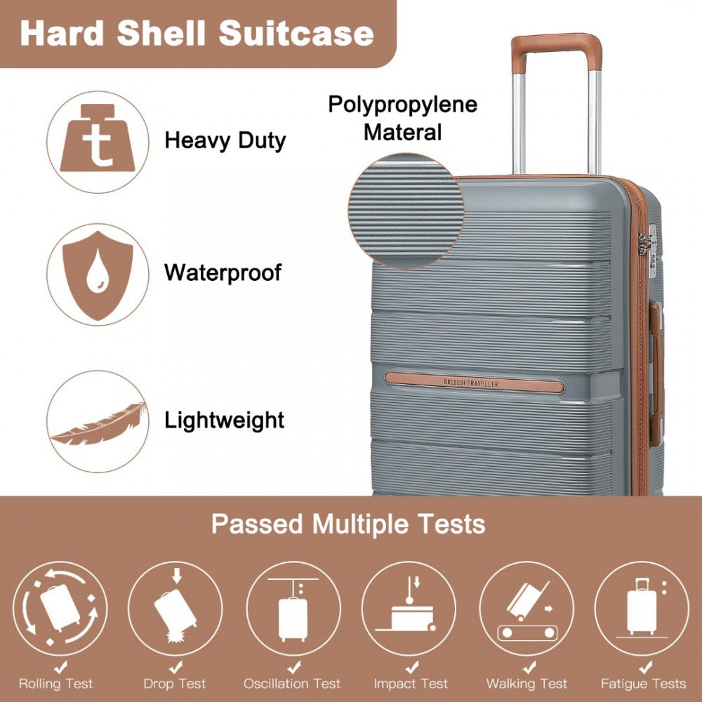 British Traveller K2392L Cabin Luggage in Grey and Tan (55x37x22 cm) - Multi-Texture PP Hard Shell Suitcase with TSA Lock - Luggage eStore