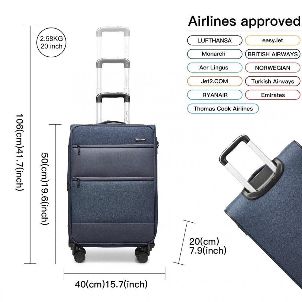 British Traveller K2397L Cabin Luggage in Navy (50x40x20 cm) - Lightweight Soft Shell Suitcase With Laptop Compartment TSA Lock - Luggage eStore