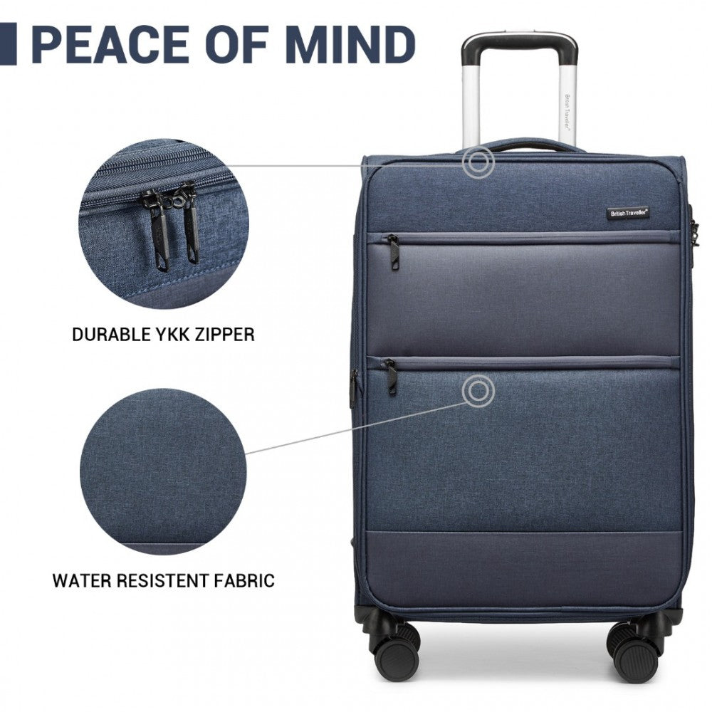 British Traveller K2397L Cabin Luggage in Navy (50x40x20 cm) - Lightweight Soft Shell Suitcase With Laptop Compartment TSA Lock - Luggage eStore