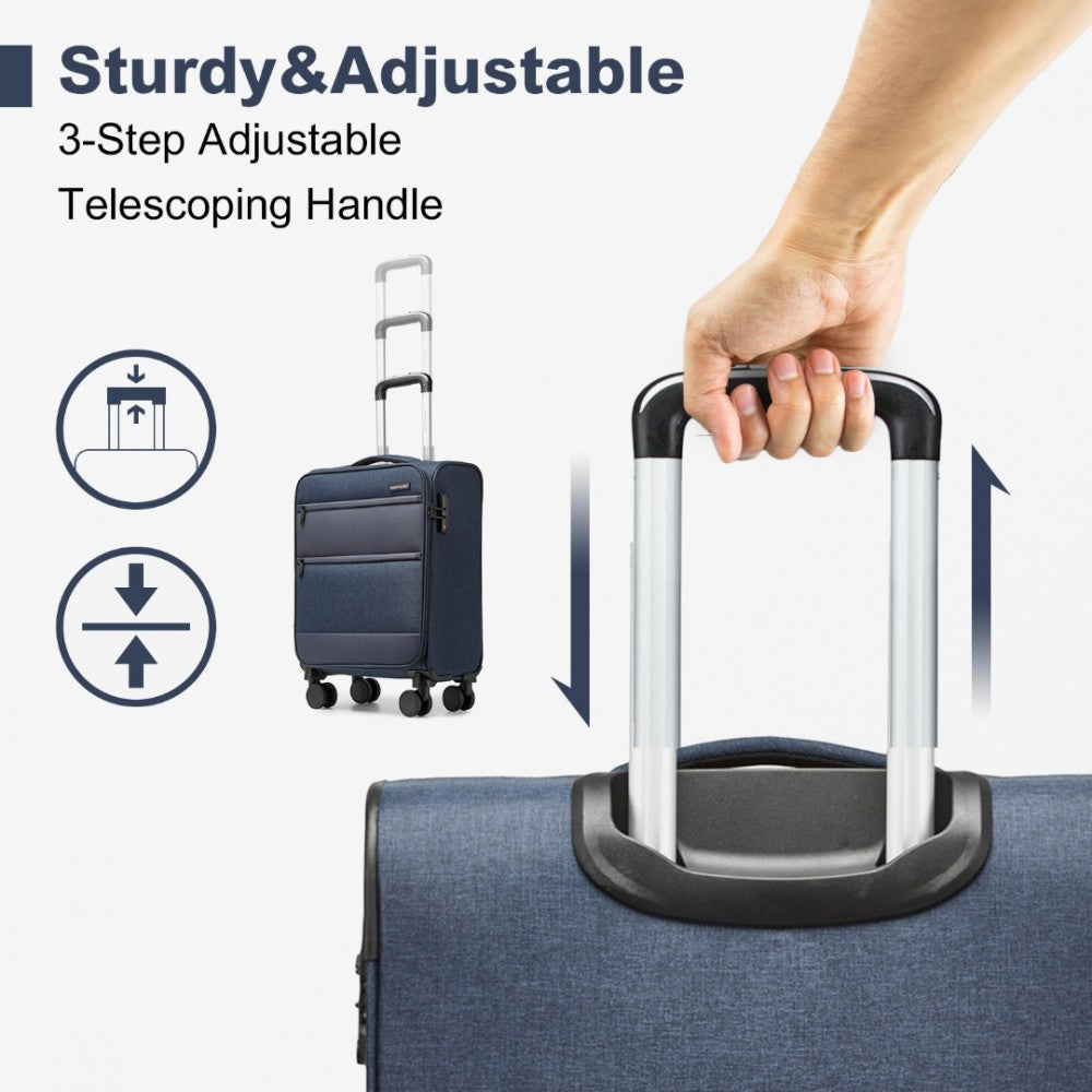 British Traveller K2397L Cabin Luggage in Navy (50x40x20 cm) - Lightweight Soft Shell Suitcase With Laptop Compartment TSA Lock - Luggage eStore