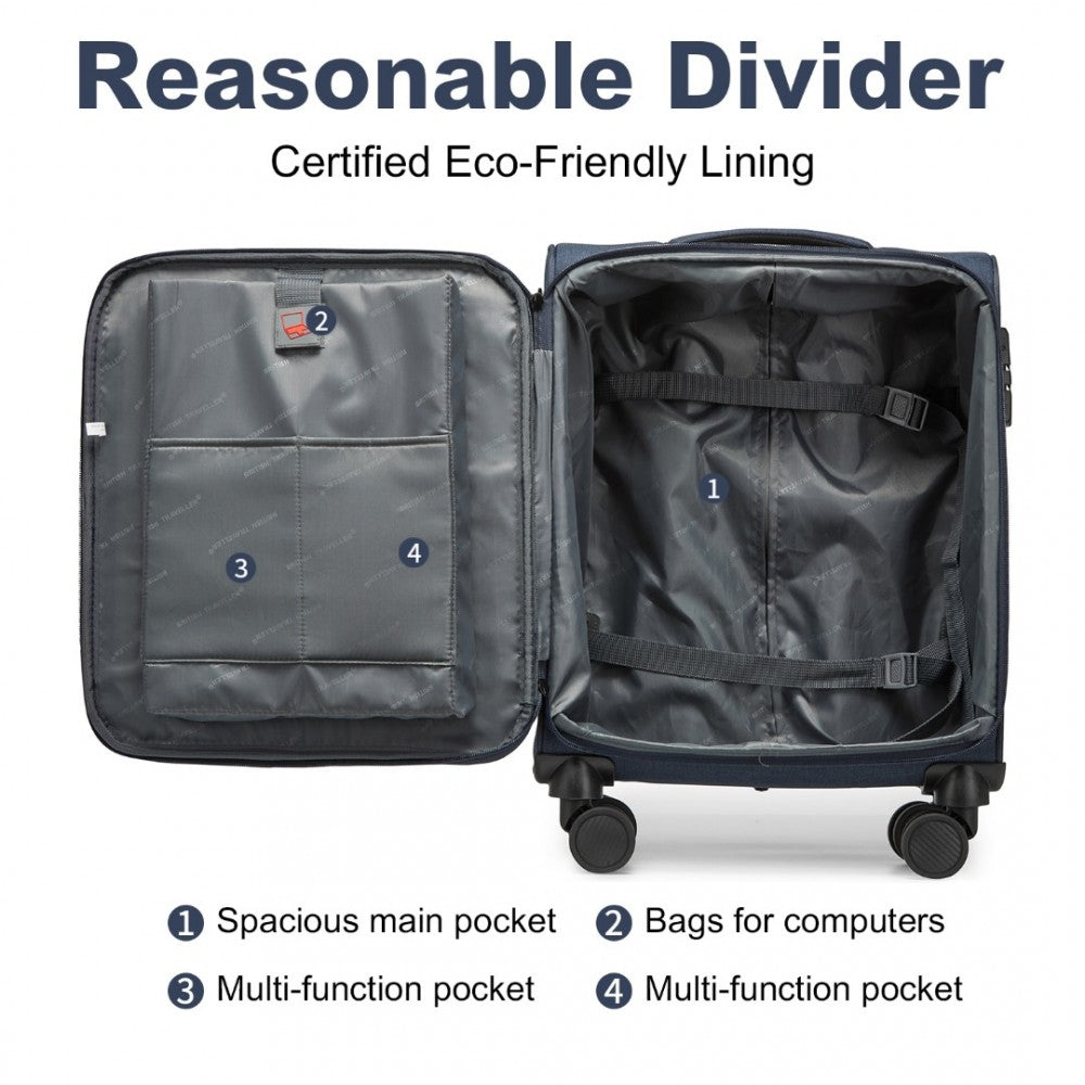 British Traveller K2397L Cabin Luggage in Navy (50x40x20 cm) - Lightweight Soft Shell Suitcase With Laptop Compartment TSA Lock - Luggage eStore