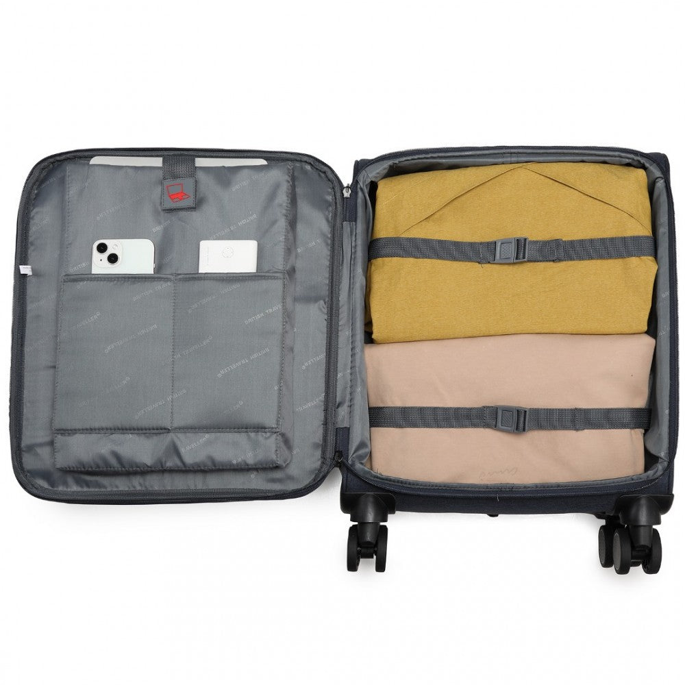 British Traveller K2397L Cabin Luggage in Navy (50x40x20 cm) - Lightweight Soft Shell Suitcase With Laptop Compartment TSA Lock - Luggage eStore