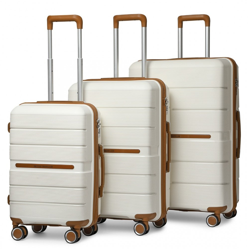 British Traveller K2392L 3-Piece Luggage Set in Cream and Tan - Multi-Texture PP Hard Shell Suitcase with TSA Lock - Luggage eStore