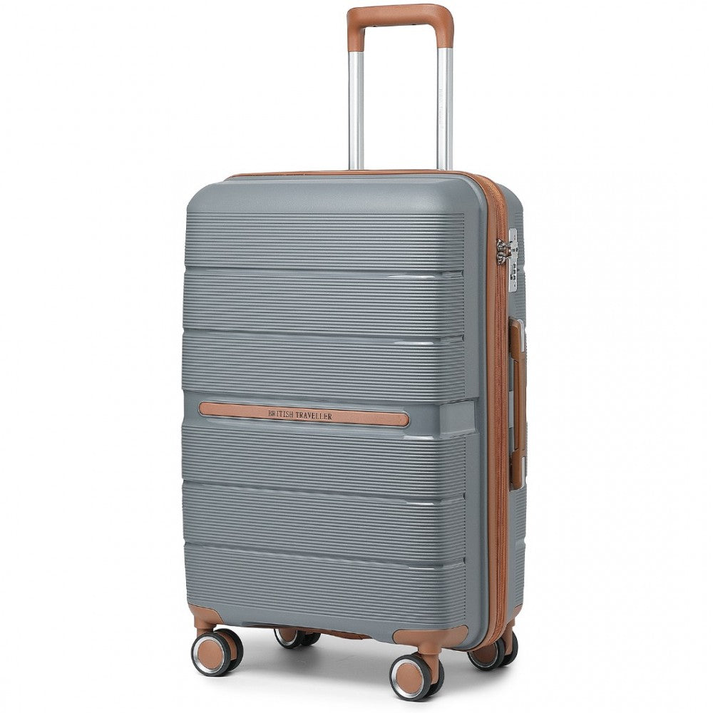 British Traveller K2392L Mid-Size Luggage in Grey and Tan (66x44x28.5 cm) - Multi-Texture PP Hard Shell Suitcase with TSA Lock - Luggage eStore