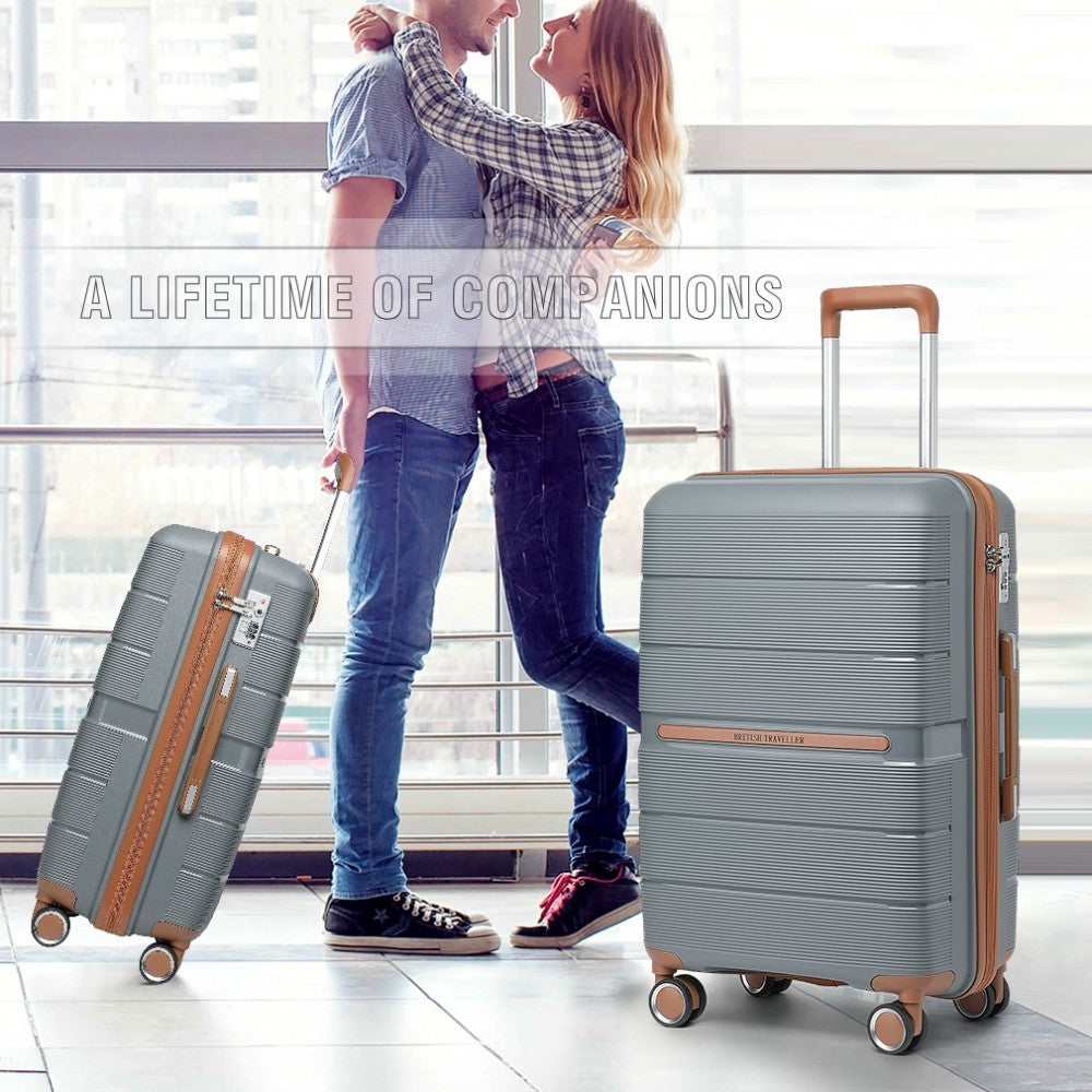 British Traveller K2392L Mid-Size Luggage in Grey and Tan (66x44x28.5 cm) - Multi-Texture PP Hard Shell Suitcase with TSA Lock - Luggage eStore