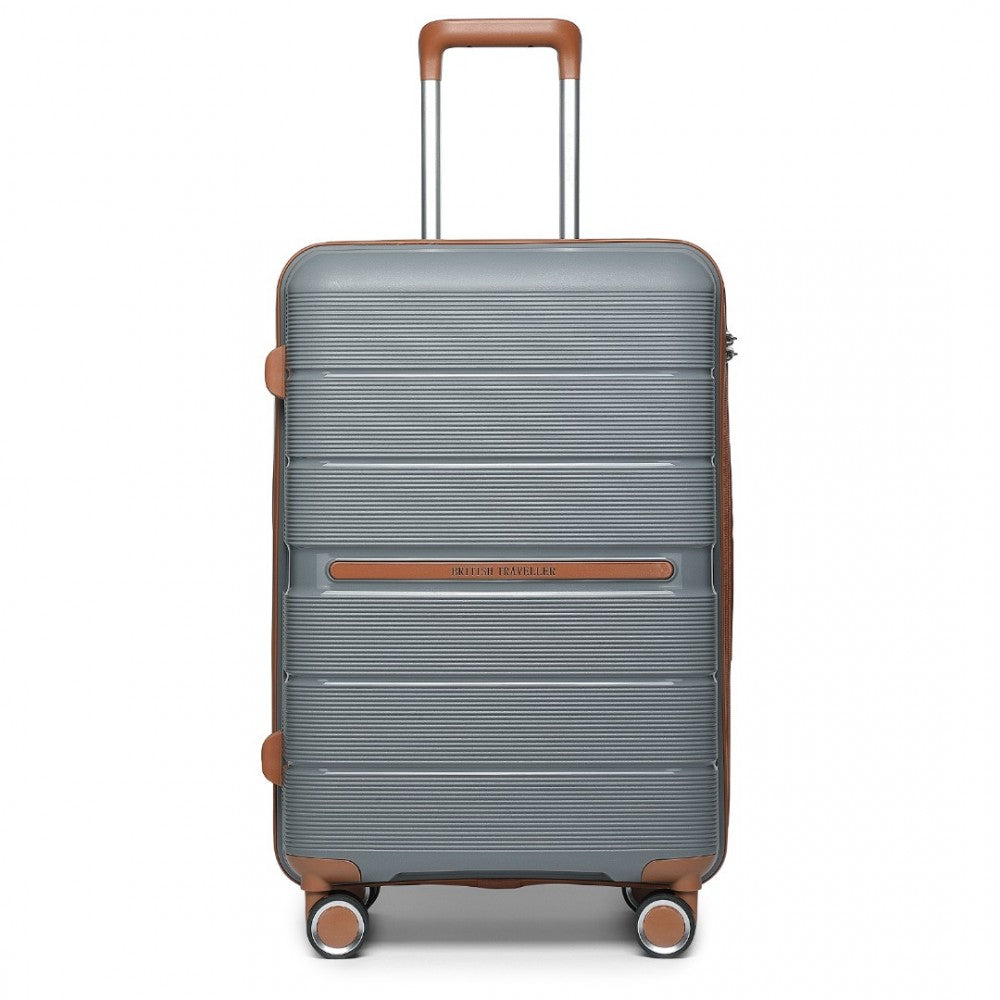 British Traveller K2392L Mid-Size Luggage in Grey and Tan (66x44x28.5 cm) - Multi-Texture PP Hard Shell Suitcase with TSA Lock - Luggage eStore