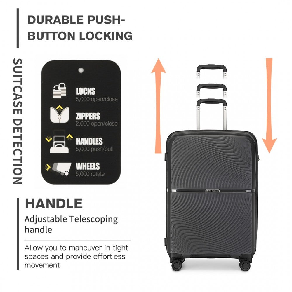 British Traveller K2393L Large Luggage in Black (76x51x30 cm) - Hard Shell Suitcase With 360° Spinner and TSA Lock - Luggage eStore