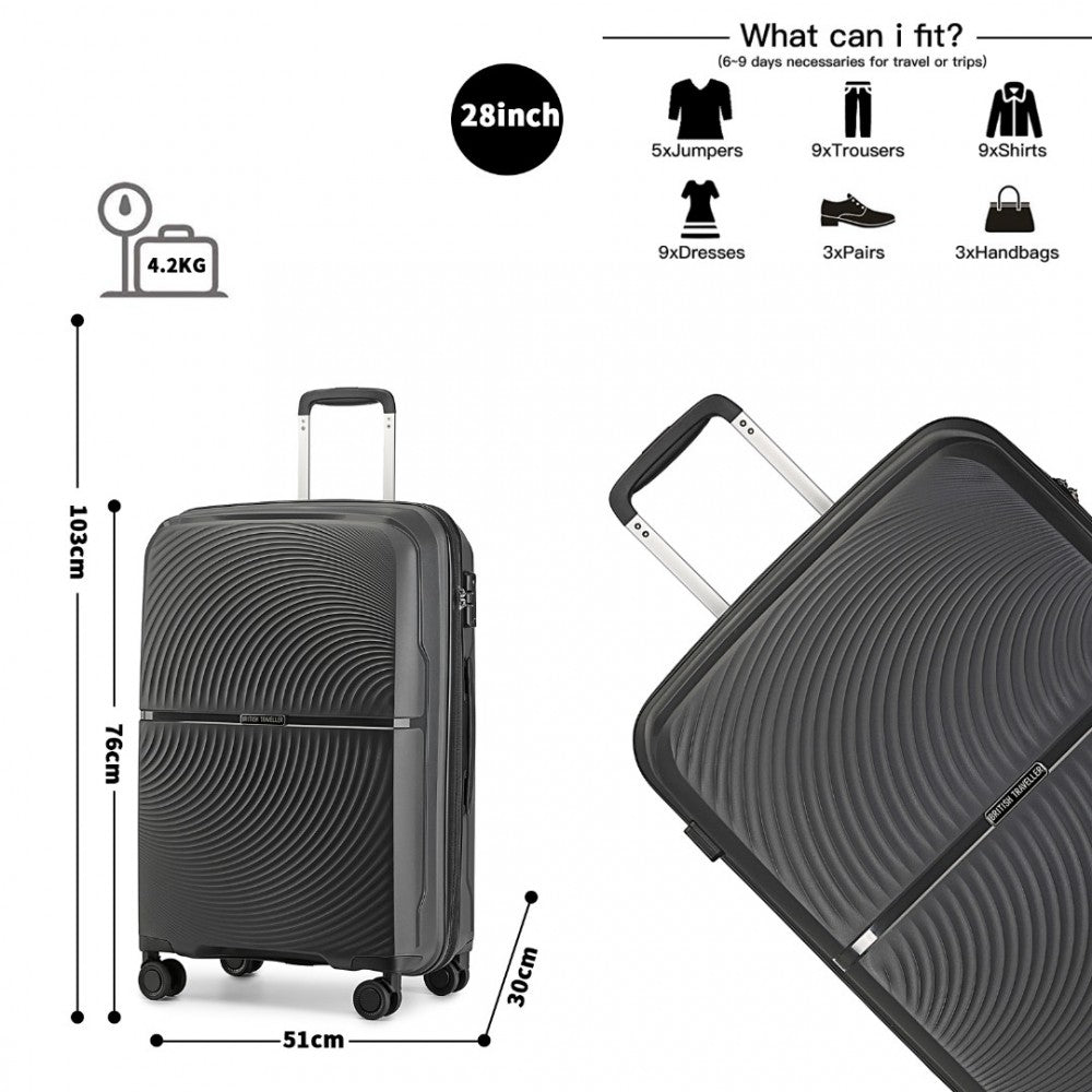 British Traveller K2393L Large Luggage in Black (76x51x30 cm) - Hard Shell Suitcase With 360° Spinner and TSA Lock - Luggage eStore