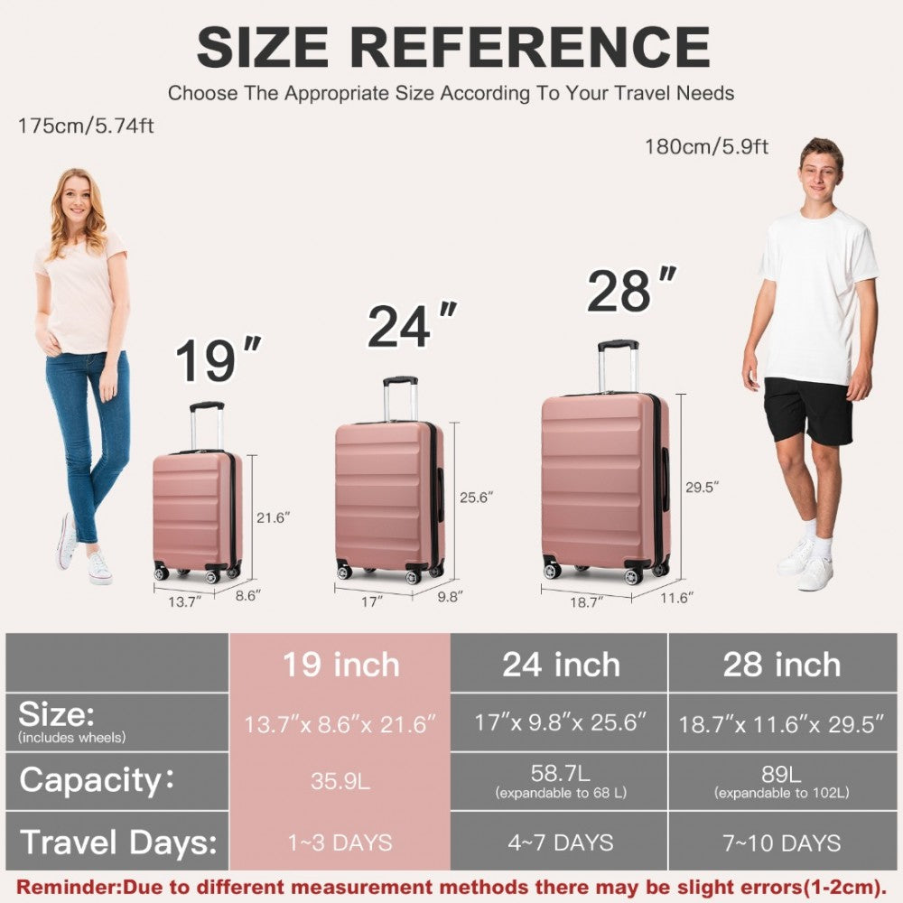 Kono KSK2482 Cabin Luggage in Pink (55x35x22cm) - Stylish Hard Shell Carry-On Suitcase with TSA Lock - Luggage eStore