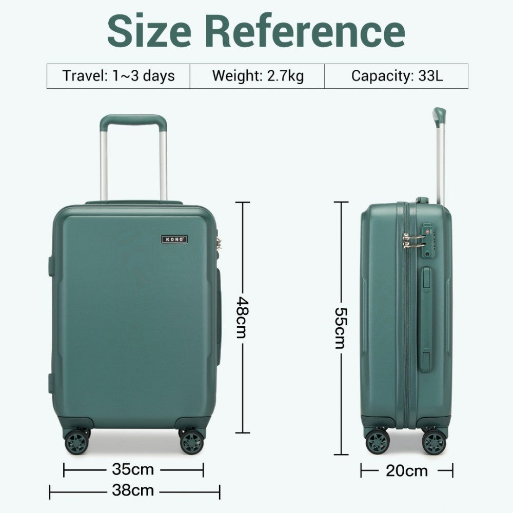 Kono KSK2494 Cabin Luggage in Military Green (55x38x20 cm) - Minimalist Hard Shell ABS+PC Suitcase with TSA Lock 360° Spinner Wheels - Luggage eStore