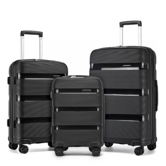 Kono KSK2492 3-Piece Luggage Set in Black - PP Hardshell Lightweight and Durable - Features TSA Lock & 360° Spinner Silent Wheels - Three-piece black hardshell luggage set with telescopic handles and 360° spinner wheels.