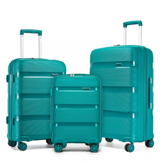 Kono KSK2492 3-Piece Luggage Set in Blue and Green - PP Hardshell Lightweight and Durable - Features TSA Lock & 360° Spinner Silent Wheels - Three-piece blue-green hardshell luggage set with telescoping handles and 360° spinner wheels.