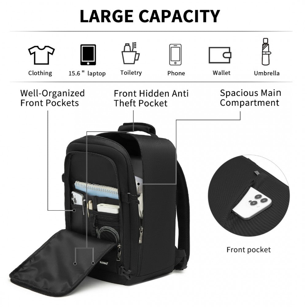Kono BPK2531S Backpack in Black – Smart and Practical Laptop Backpack, Designed for Work, Travel & Everyday Use