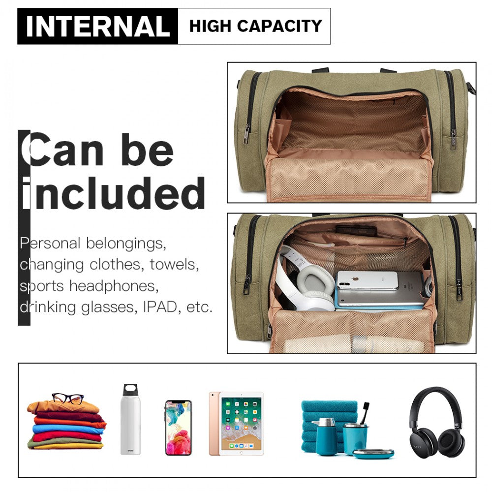 E1957 - Kono Canvas Barrel Duffle Travel Bag - Green - Luggage eStore