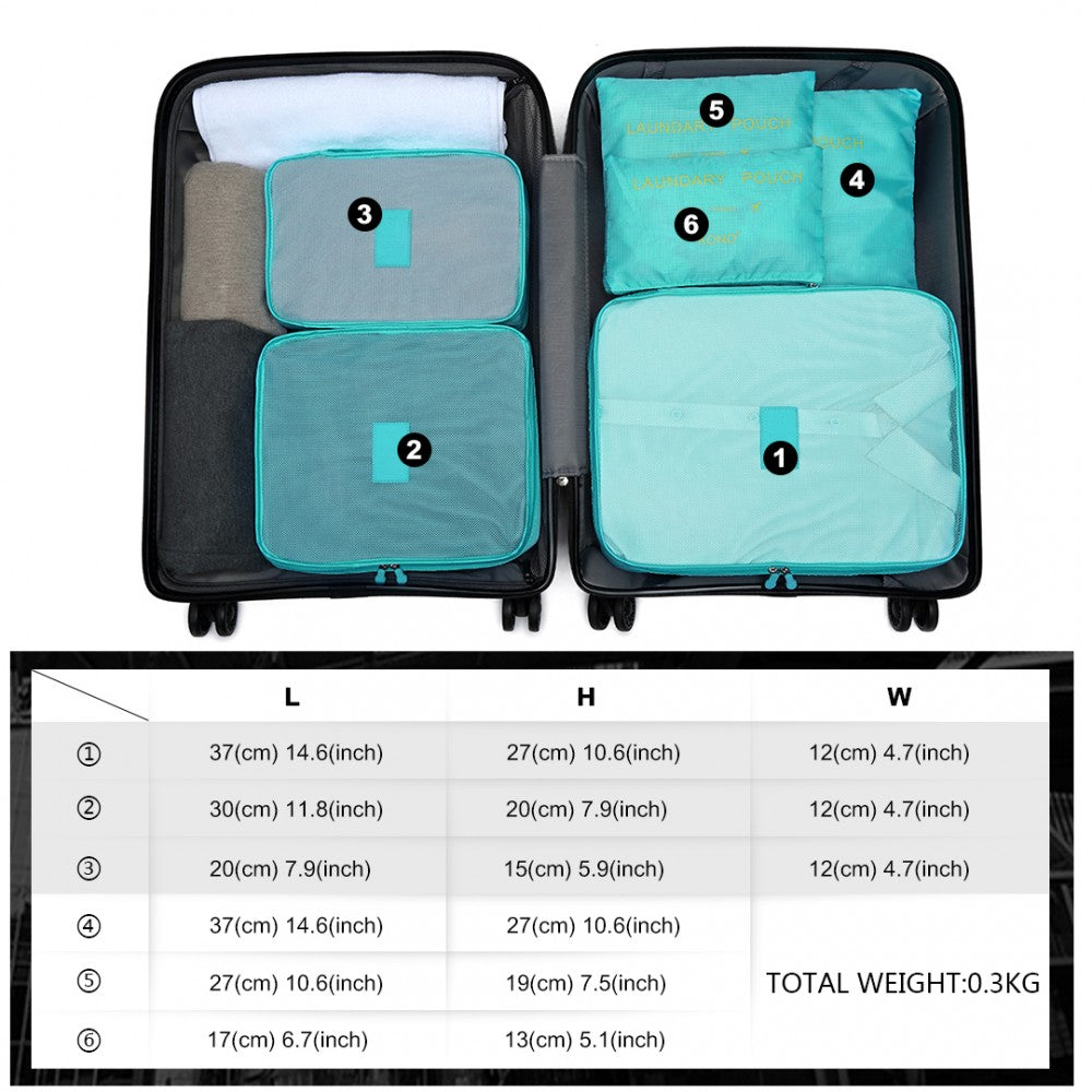 E2015 - Kono 6 Piece Polyester Travel Luggage Organiser Bag Set - Blue - Luggage eStore